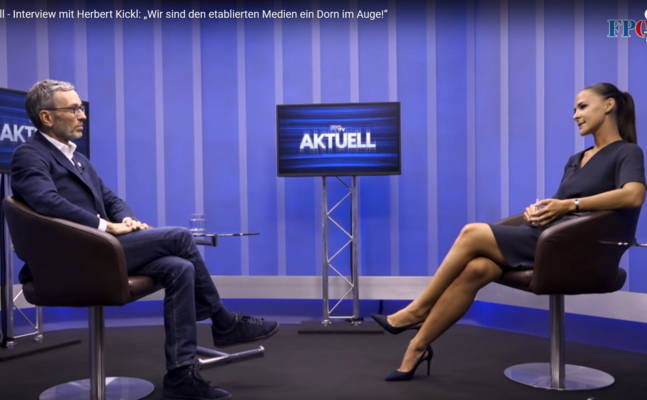 FPÖ-Bundesparteiobmann Herbert Kickl als erster Gast im neuen FPÖ TV-Studio.