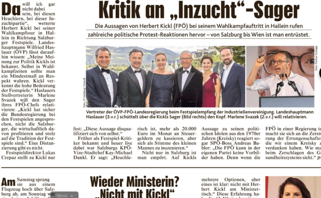 Die Salzburger Kronen Zeitung berichtete offensichtlich bewusst falsch über eine Aussage von FPÖ-Bundesparteichef Herbert Kickl zu den Gästen der Salzburger Festspiele.